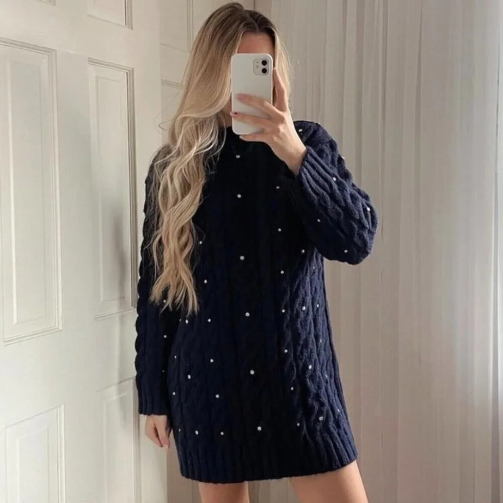 Zara Rhinestone Embellished  Fuzzy Knit Sweater Dress Navy Blue Size Small